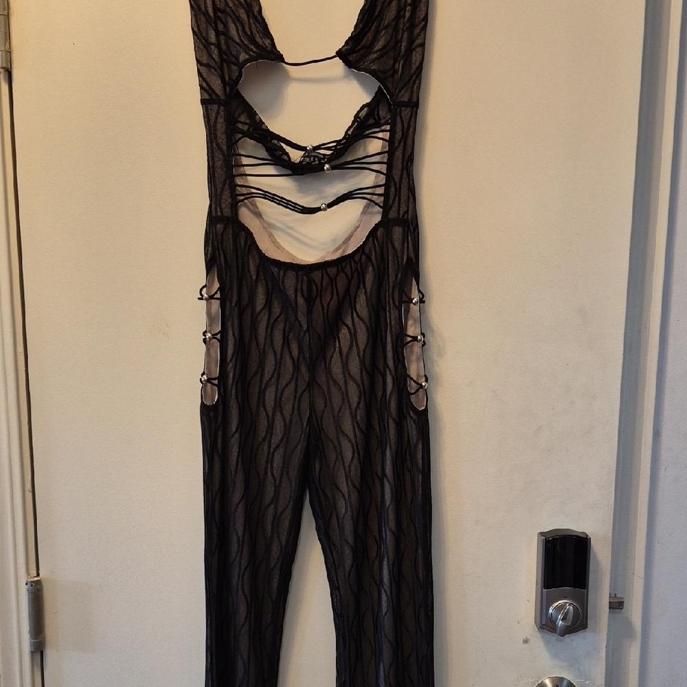 Fashion Nova Black Sheer Strappy Jumpsuit with Silver Rings